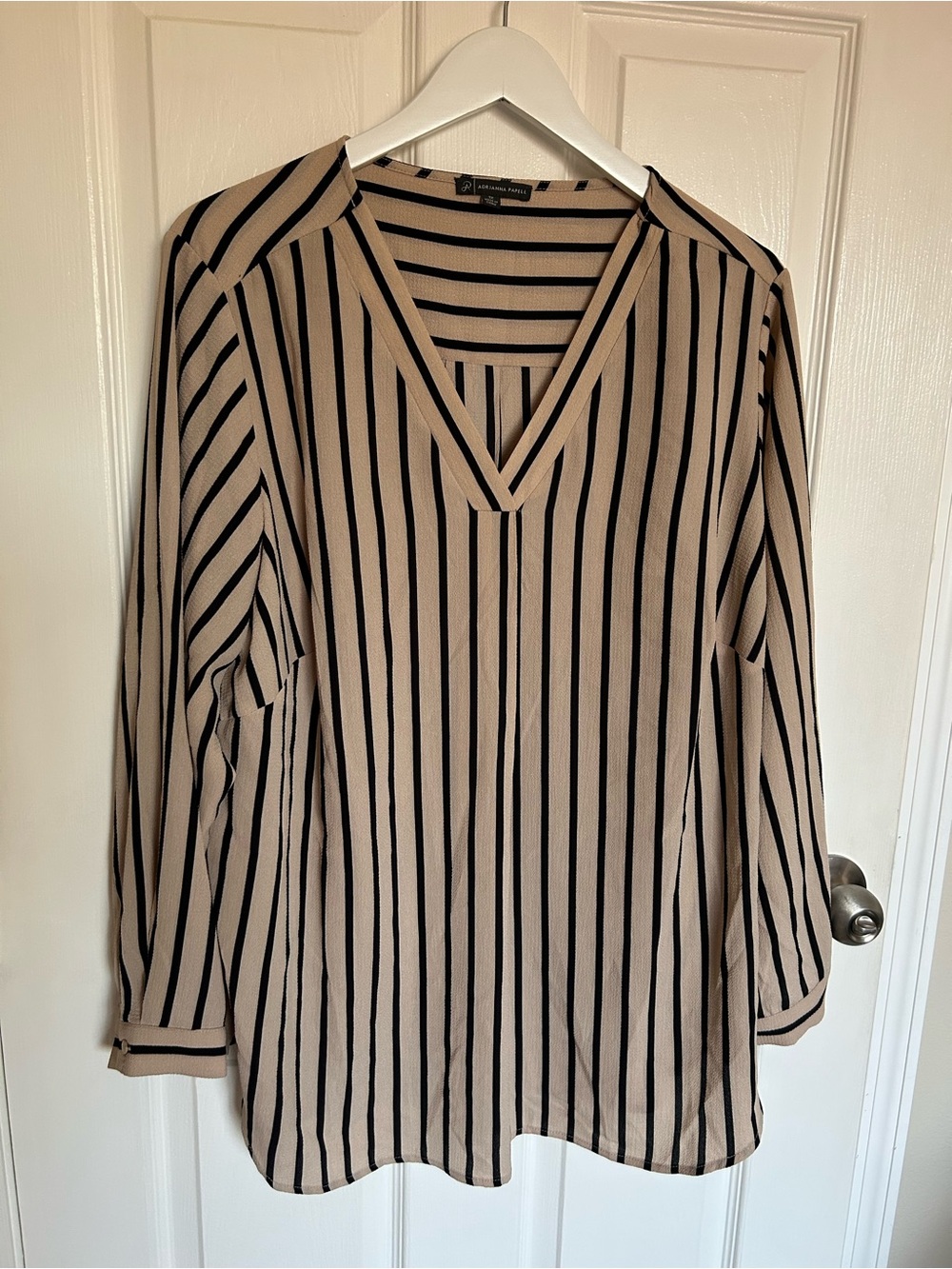 Adrianna Papell Beige and Black Striped V-Neck Tunic